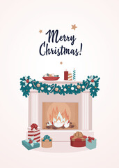 Gift boxes by fireplace with candles and text merry christma
