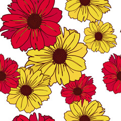 Seamless pattern of red and yellow flowers on a white background