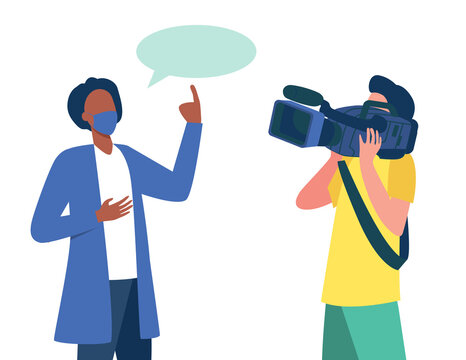 Doctor In Medical Coat And Mask Speaking At Camera. Scientist, Operator, Cameraman Flat Vector Illustration. Broadcasting, Interview, Covid Concept For Banner, Website Design Or Landing Web Page