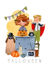 Fototapeta premium Happy halloween party colorful isolated watercolor illustration pumpkin on white background 