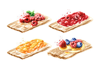 Crispbread vegan, vegetarian with jam and fresh berries set. Watercolor hand drawn illustration, isolated on white background