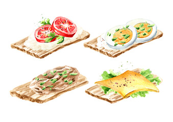 Crispbread with eggs, pate, cream cheese with fresh tomato, lettuce with cheese set. Watercolor hand drawn illustration, isolated on white background
