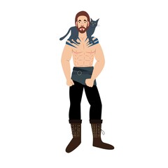 Masculine man with cat in cartoon style. Sport exercise, fitness workout. Health care concept. Healthy lifestyle. Taking care of animals. Brutal man and gray cat on his shoulder. Viking with a beard