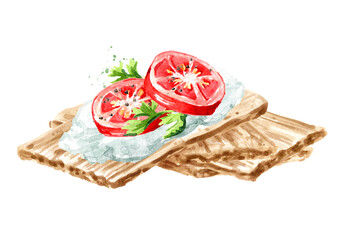 Crispbreads with Cream Cheese and fresh tomato. Watercolor hand drawn illustration, isolated on white background