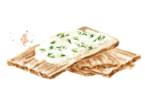 Crispbreads with Cream Cheese. Watercolor hand drawn illustration, isolated on white background