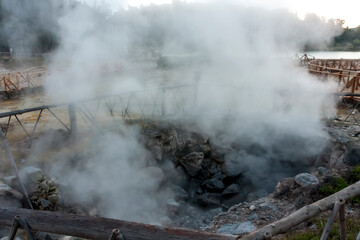 Fototapeta na wymiar The crater fumaroles emitting steam, park Furnas - Sao Miguel