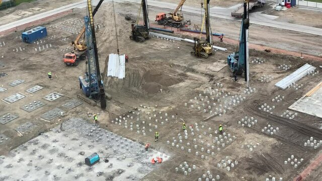 Driving pile preparation on construction site. Timelapse