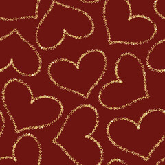 Red christmas and new year seamless pattern with gold shiny hearts. Vector background.	