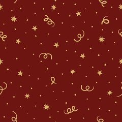Fototapeta na wymiar Red christmas and new year seamless pattern with gold confettis, stars and dots. Vector background.