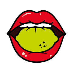 pop art female mouth biting a lemon, line and fill style