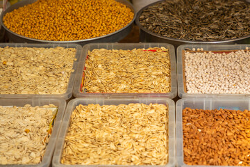 Assorted nuts and dried fruits in turkish market in Antalia, Turkey
