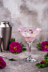 Pink cocktail Margarita with rose syrup