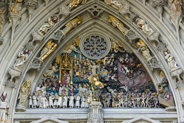 sculpture on the tympanum of the main portal of the cathedral, in Bern, Switzerland