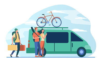 Group of active tourists gathering at vehicle. Minivan with bike on top moving flat vector illustration. Outdoor activity, adventure travel concept for banner, website design or landing web page