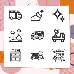 Simple set of 9 icons related to dawn