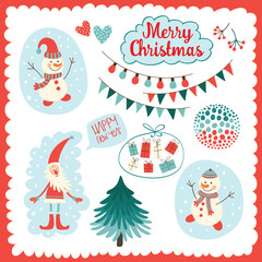 A collection of Christmas and New Year elements with Santa,   snowman, tree, gifts and garlands. Symbols of Christmas. For your design of cards, greetings, invitations, labels. Vector flat illustratio