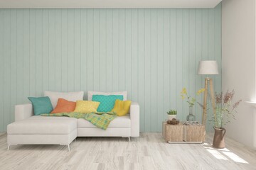 Fototapeta na wymiar White living room with sofa. Scandinavian interior design. 3D illustration