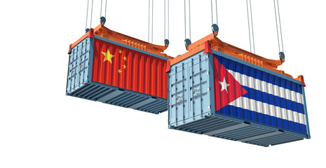 Freight containers with Cuba and China national flags. 3D Rendering