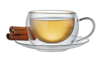Glass cup of tea and cinnamon sticks isolated on white