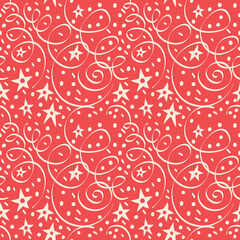 Simple bright pattern with streamers and confetti on a red background. Seamless vector background. Background can be used for wallpapers, pattern fills, web page backgrounds,surface textures. 