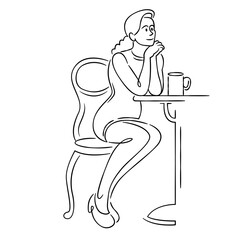 A young woman sits in a cafe and drinks hot coffee.