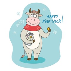 
Vector illustration on a New Year's theme with the symbol of the year of the bull. Bull with a piggy bank. greeting card