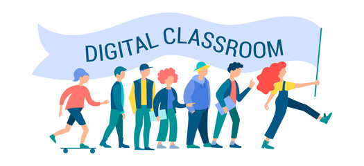 igital classroom, education, group of students, teamwork, tutorial and educational courses