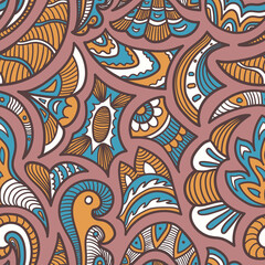 vector earth tone doodle freeform with brown outlines seamless pattern on brown pink