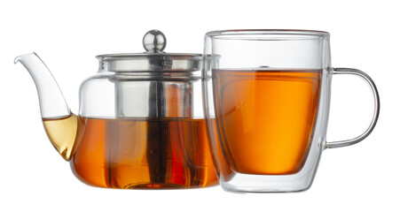 Glass teapot and glass cup with tea isolated on white