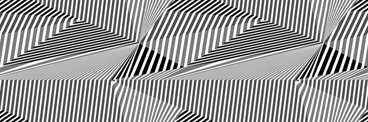 Abstract Seamless Black and White Geometric Pattern with Stripes. Optical Psychedelic Illusion. Contrasting Textured Volumetric Surface. Raster. 3D Illustration