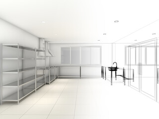 abstract sketch design of kitchen room ,3d rendering