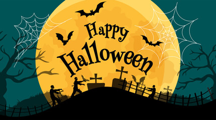 Halloween banner In Spooky Night with zombie - Happy Halloween vector. halloween pattern easy to color adjustment
