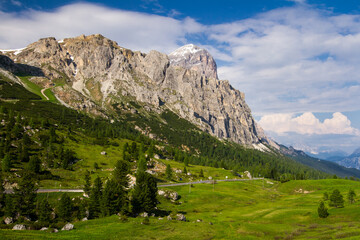 Fototapeta premium landscape in the mountains, dolomites hills with blue sky, perfect summer hike, italy