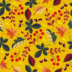 
Seamless pattern of red berries with green and yellow leaves on a colored background, bright autumn pattern, juicy fruit floral patterns, autumn gifts.