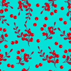 
Seamless pattern of red berries with green and yellow leaves on a colored background, bright autumn pattern, juicy fruit floral patterns, autumn gifts.