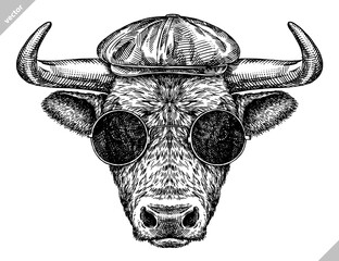 black and white engrave isolated bull vector illustration