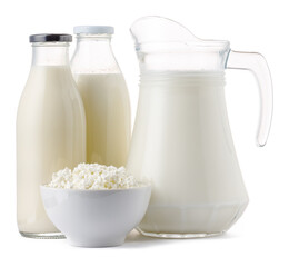 Fresh dairy products milk and cottage cheeese isolated on white