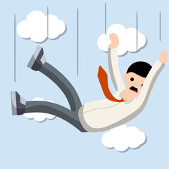 Falling down man in shirt and tie. Office problem. Employee dismissal and crisis. Scared guy. Cartoon flat illustration. Work in Economics. Work in exchange. Collapse and bankruptcy. Blue sky
