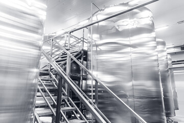 Equipment dairy plant, milk factory industry. Stainless steel storage and processing tanks
