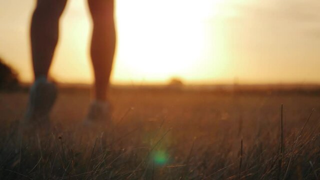 Running man silhouette in sunset time. Outdoor cross-country running. Athletic young man is running in the nature during golden sunset. Healthy lifestyle.