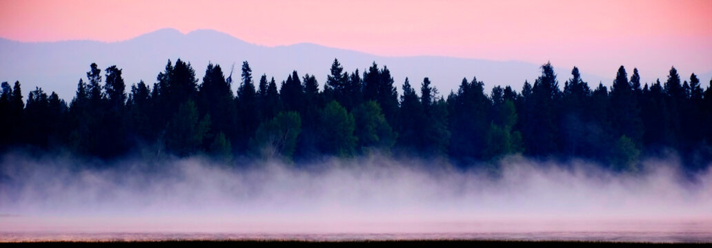 Sunrise Sunset on Lake with Mist Rising from Water Pine Trees and Mountains in Background © Lane Erickson
