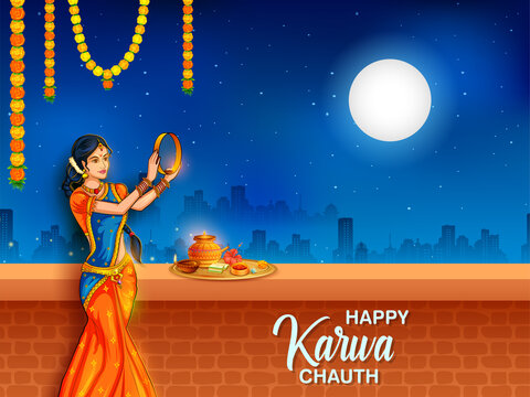 illustration of Indian woman performing Hindu married festival ritual of Karwa Cahuth looking moon through sieve