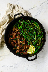 Garlic butter steak and green beans skillet.
