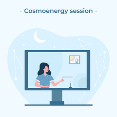Alternative medicine, square picture. Vector illustration. A female teacher conducts a remote session on the cosmoenergy.