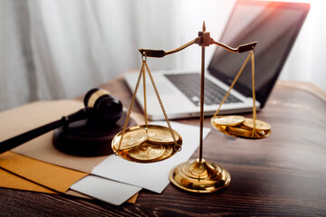 justice and law concept.Male judge in a courtroom on wooden table and Counselor or Male lawyer working in office. Legal law, advice and justice concept.