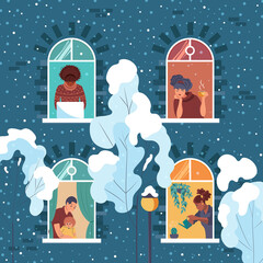 People looking out windows in winter. Social isolation during pandemic. Neighbors in their apartment. Cute vector illustration in flat style.
