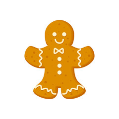 Gingerbread man traditional Christmas cookie with icing vector illustration in a cartoon flat style isolated on white background.