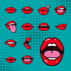 pop art mouth and lips icon set, line and fill style