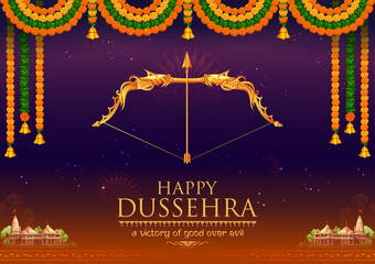 illustration of Bow and Arrow of Rama in festival of India background for Dussehra - 383592359