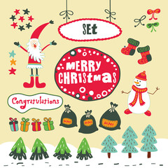 Christmas set with lettering, Santa Claus, gifts, garlands and trees.